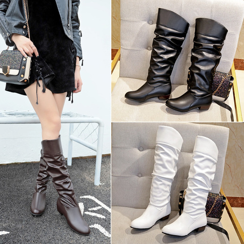 Women's Size 8 Long Boots with Pleated Design, 2025 Autumn/Winter European and American Plain Color Leather Boots