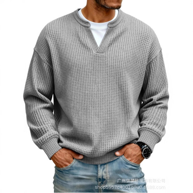 European and American Cross-Border Men's New Loose Casual V Neck Pullover Waffle Contrast Fake Two-Piece Long-Sleeved Sweatshirt T-Shirt