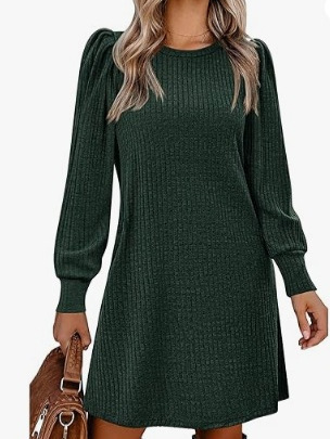 2025 Western and European Fashion Women's Knit Popper Sleeve Long Sleeve Autumn and Winter Round Neck Casual Loose Dress with Pockets