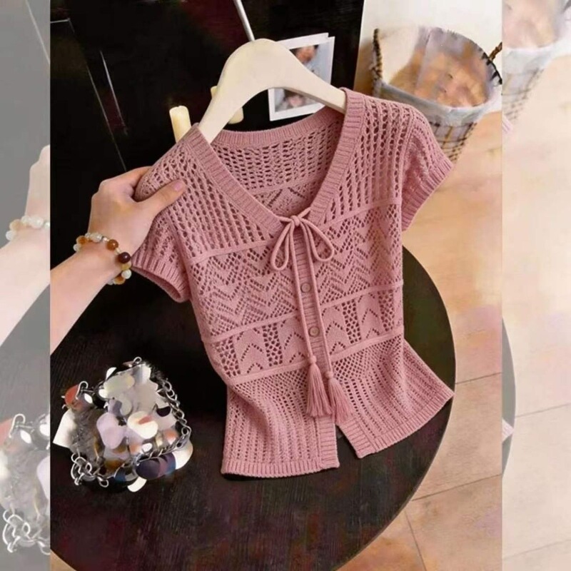 Youthful Knit Sweater for Women, Slimming Hollow Out Outerwear, Elegant Summer Top, New Short-Sleeve Shawl Youthful Knit Sweater for Women, Slimming Hollow Out Outerwear, Elegant Summer Top, New Short-Sleeve Shawl