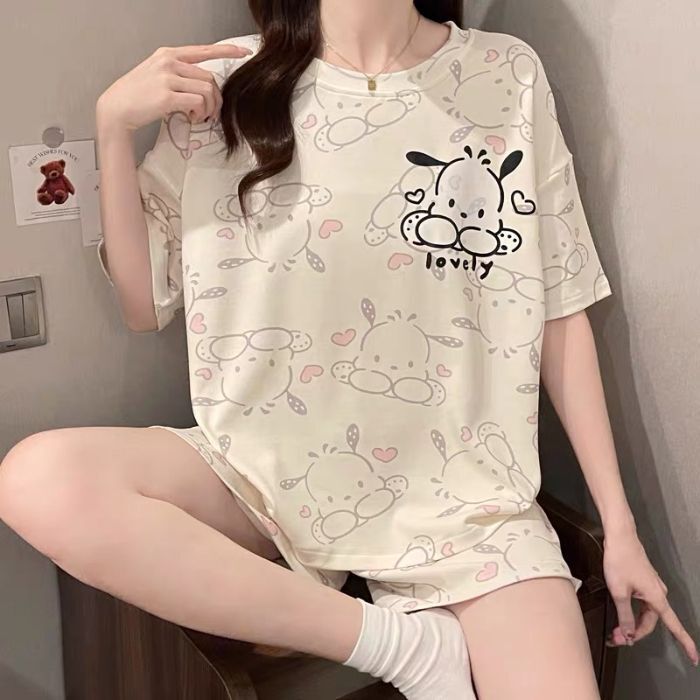 Factory Wholesale Pajamas for Women Summer Imitation Cotton Short-Sleeved Shorts Round Neck Cartoon Home Clothes Set Can Be Worn Outside in Summer