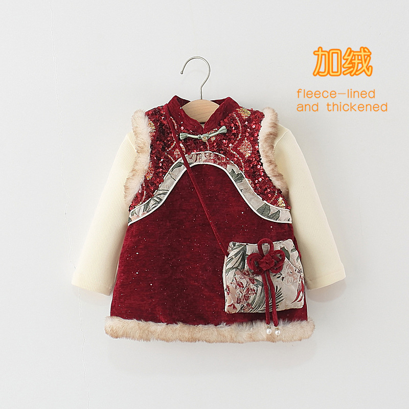 超火女童中国风套装冬加绒女宝唐装汉服新年喜庆拜年服马甲两件套