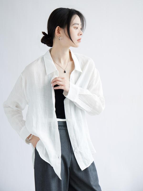 元渠！柜2.2K+ 贵价纯苎麻 纯色百搭翻领长袖衬衫女夏新款G072507|undefined