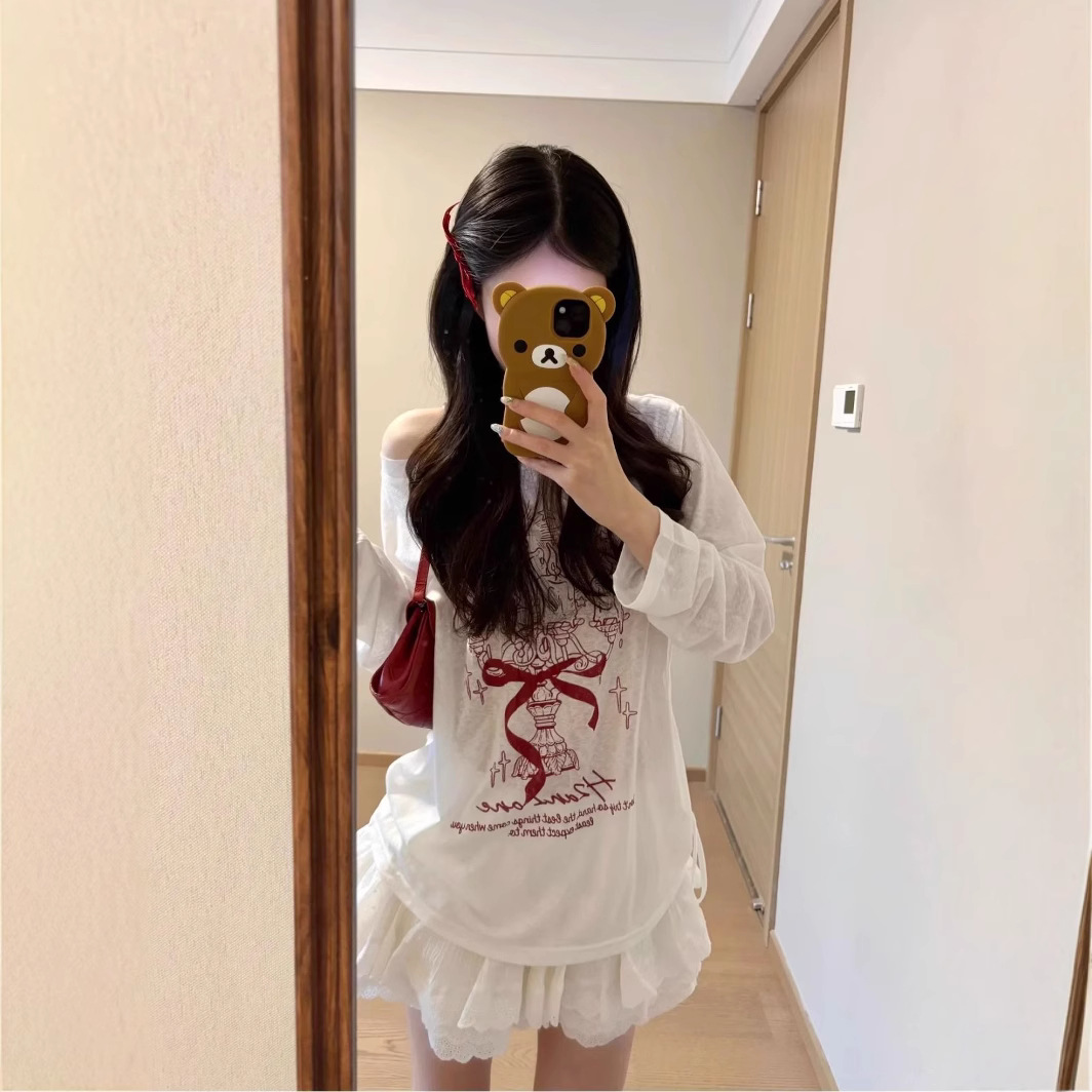 Sweet Spice Girl Graffiti Print White Oblique Off-shoulder Long-sleeved Blouse T-shirt Women's Summer Design Sense Niche Drawstring Top