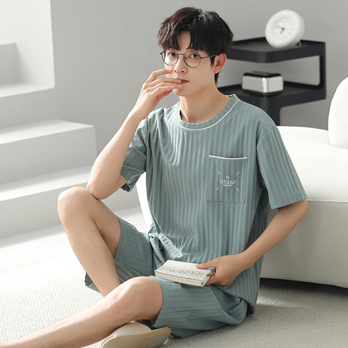 Summer Men's Cotton-Like Padded Short-Sleeve Shorts Lounge Outwear for Plus Size Teenagers, Can Be Worn Outside, Thin Home Clothes for Men