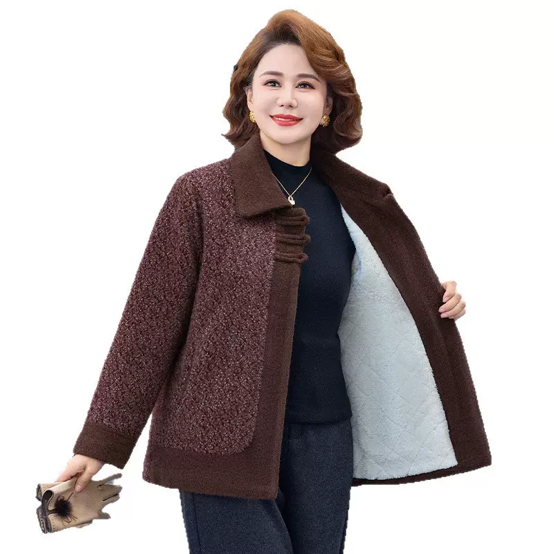 中老年女装妈妈外套秋冬新款加绒翻领开衫休闲老年人呢子上衣外套