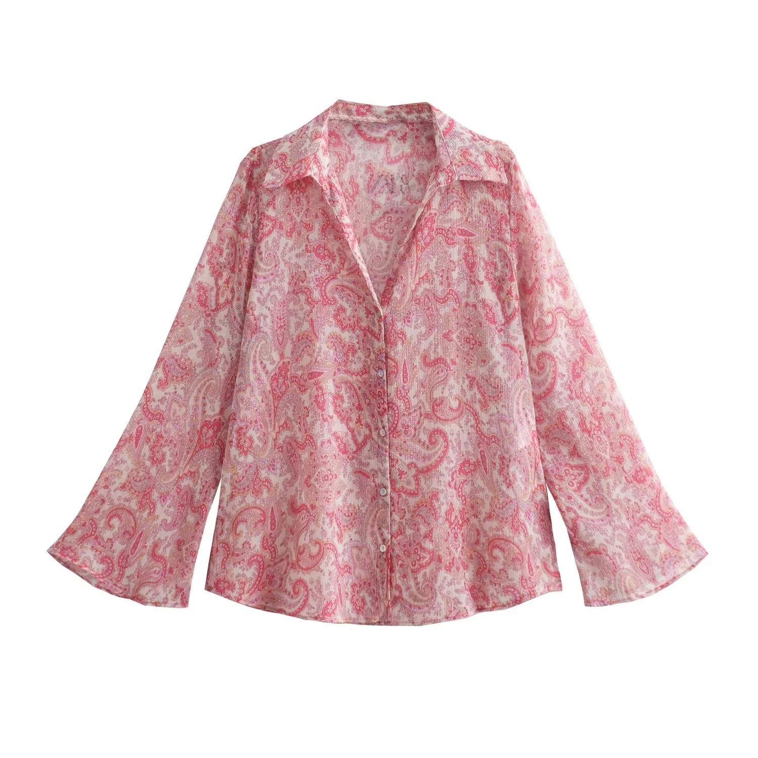 European and American Style Women's Clothing 2023 New American Paisley Print Bell Sleeve Double-Breasted Collar V Neck Versatile Fashion Shirt