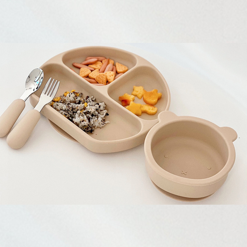 Baby Tableware Set Silicone One-Piece Divided Plate Children's Bear Suction Cup Bowl Baby Fork Spoon Food Supplement
