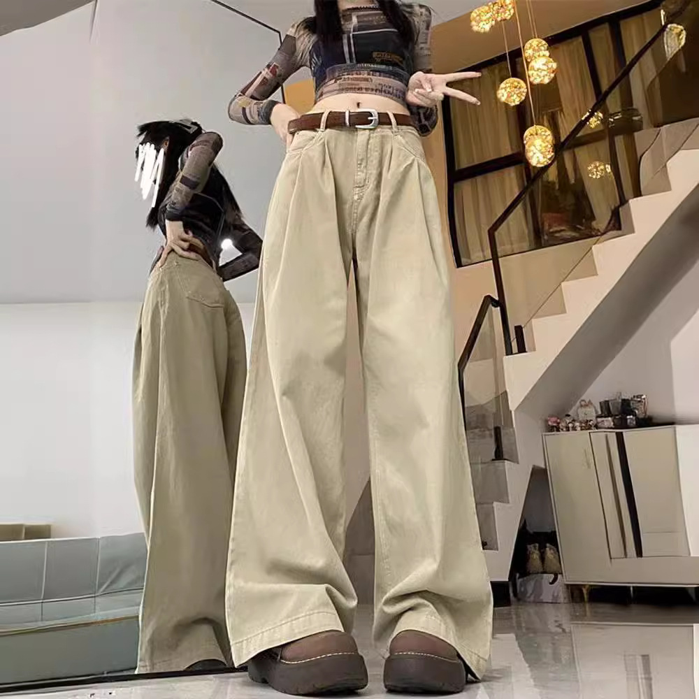 카키 넓은 다리 청바지 여성의 가을 새로운 높은 허리 느슨한 슬림 핏 스트레이트 트렌디 올 매치 바지