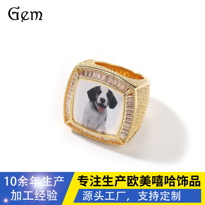 Europe and the United States new creative personality DIY photo square ring hip hop fashion cool men's copper inlaid zircon high ring