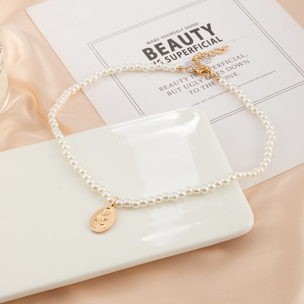 fashion pearl alloy rose flower pendant necklace