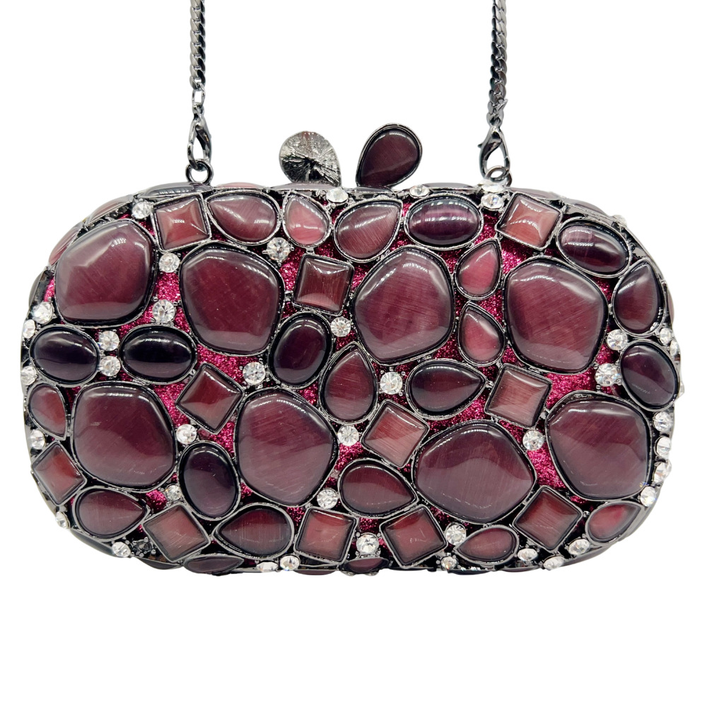 Túi clutch nữ cầm tay dạ tiệc đính đá mắt mèo kim loại rỗng phong cách Âu Mỹ — Màu hồng, màu đỏ tía, Cá tính đặt làm chi tiết 1