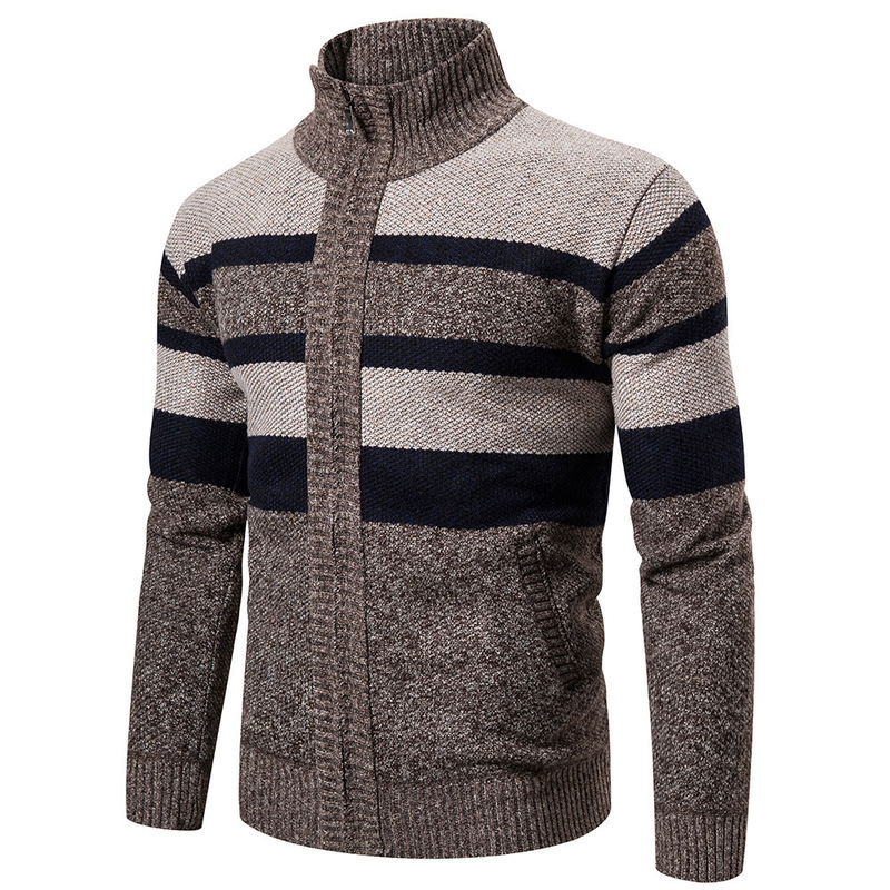 23 Cross-border Foreign Trade Amazon Men's Trendy Striped Long-sleeved Knitwear Men's Outdoor Standing Collar Sports Cardigan Sweater