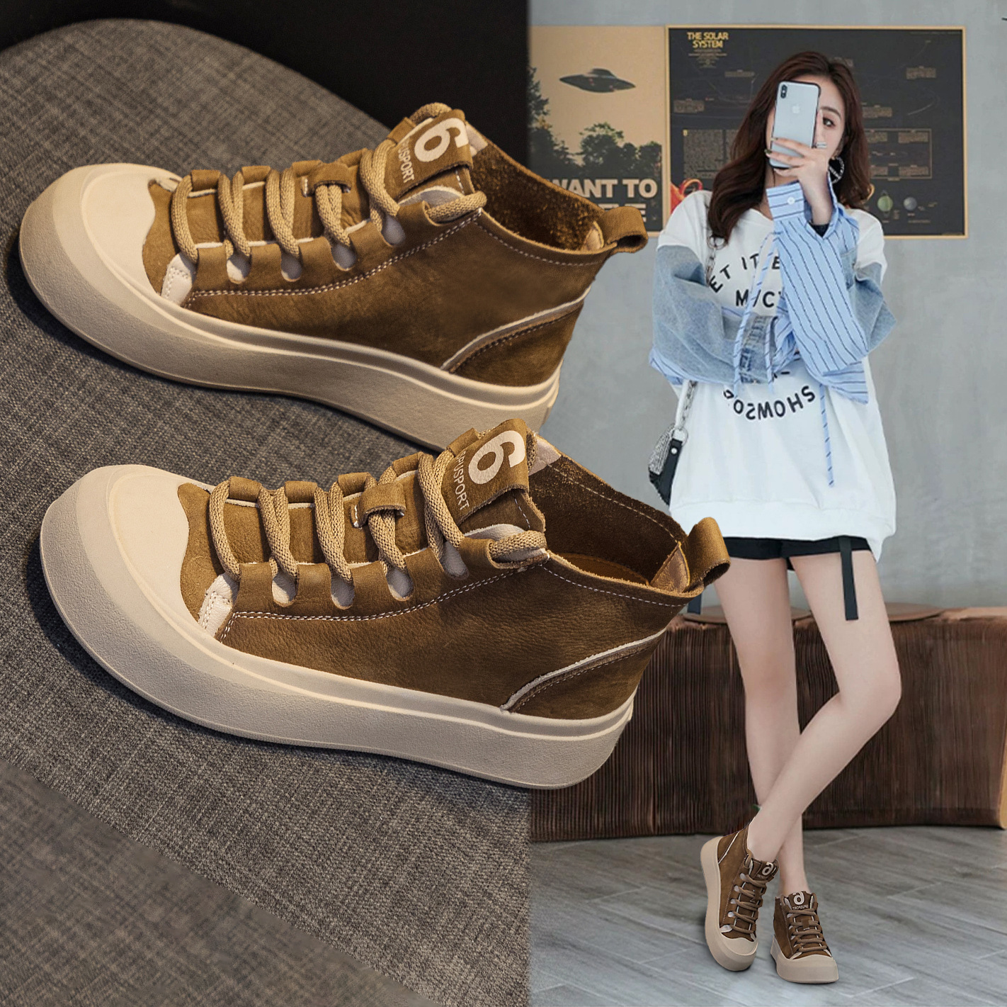 Genuine Leather Thick-Soled High-Top Women's Shoes 2023 New British Style Retro Flats-Soled Lace-Up Trendyy Versatile Sports and Casual Shoes