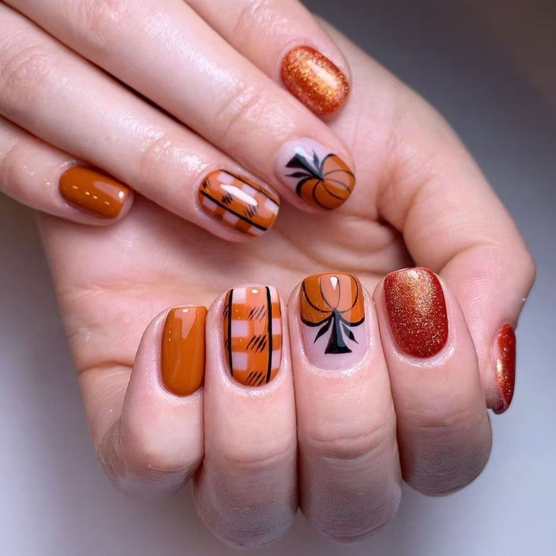 Thanksgiving Autumn Short Square Plaid Pumpkin Caramel Color Glitter Cross-Border Wearable Nail Art Detachable Nails