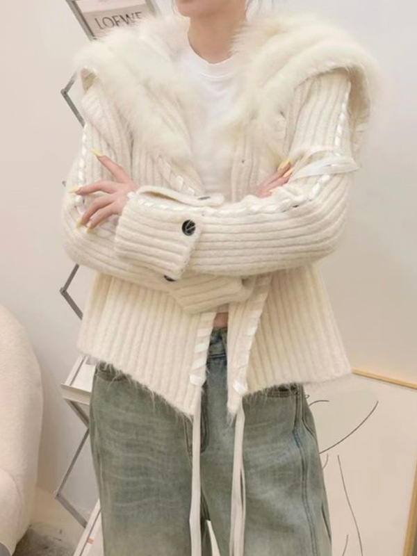 重工设计感穿绳飘带拼接毛领针织开衫女2025秋冬新款气质毛衣外套|undefined