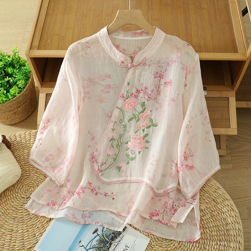 Cotton and Linen New Chinese Style Summer Embroidered Blouse for Women, New Chinese Style Three-Quarter Sleeve Lightweight Top