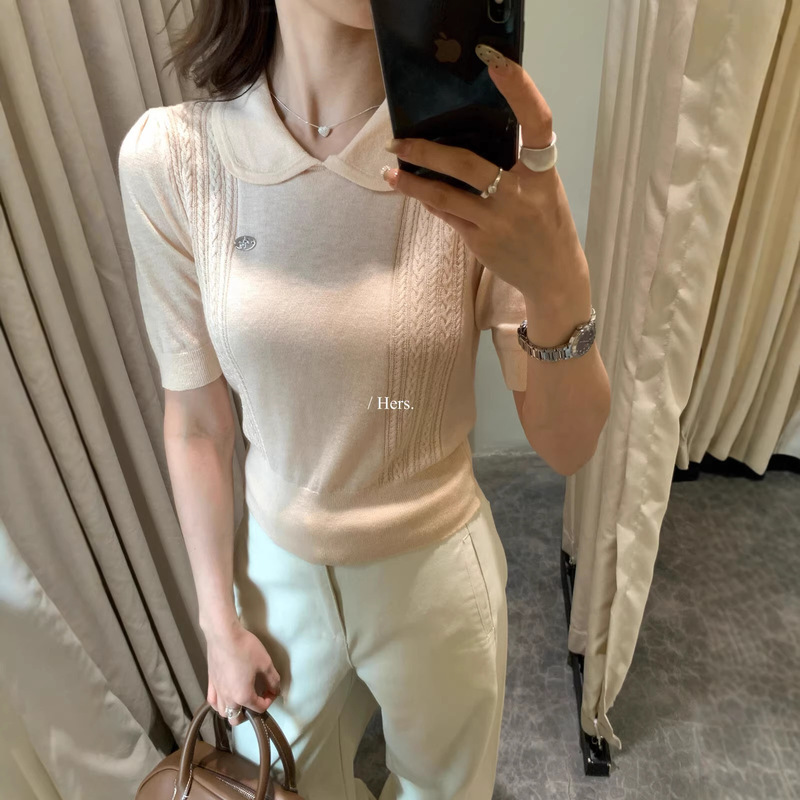 Hers a Spoonful of Sweetness Summer Simple Daily Commuting Miu Series Exquisite Puppy Logo Polo Collar Short Sleeve Knitted Sweater