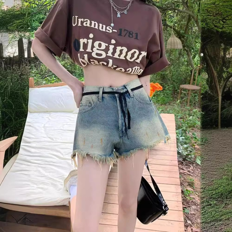 Painted Graffiti Denim Shorts Women's Summer Thin High Waist Slimming A- line Large Size Fringe Fringe Wide Leg Pants Ins Trendy