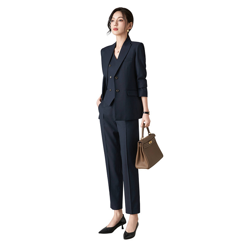 春秋冬高端藏青色通勤修身西装上衣外套正装西服马甲小脚裤套装女|undefined