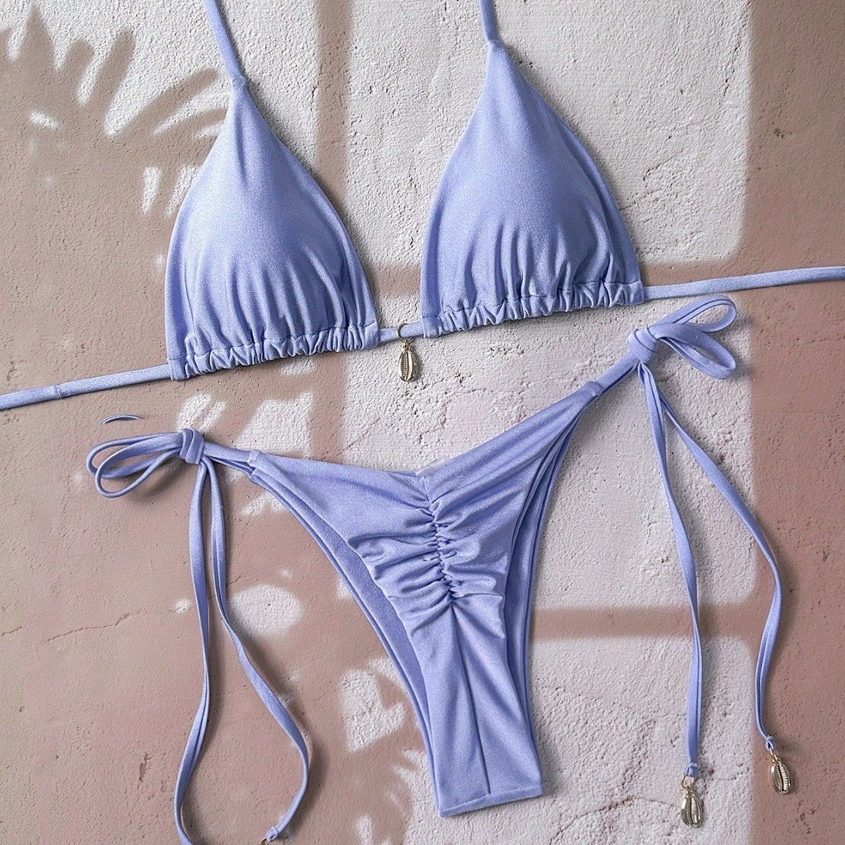 2025 New Swimsuit Pure Color Bikini European and American Pleated Sexy Lace-Up Bikini Women's Shell Split Swimsuit