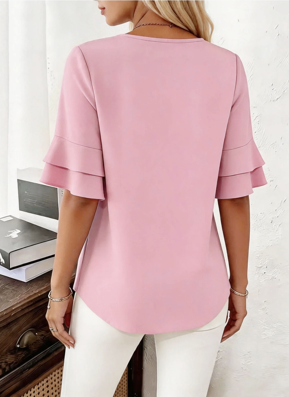 Women's Floral Ruffle Trim Relaxed Fit Blouse Short Sleeve Flowy Tunic Top for Summer_ecoleips.com