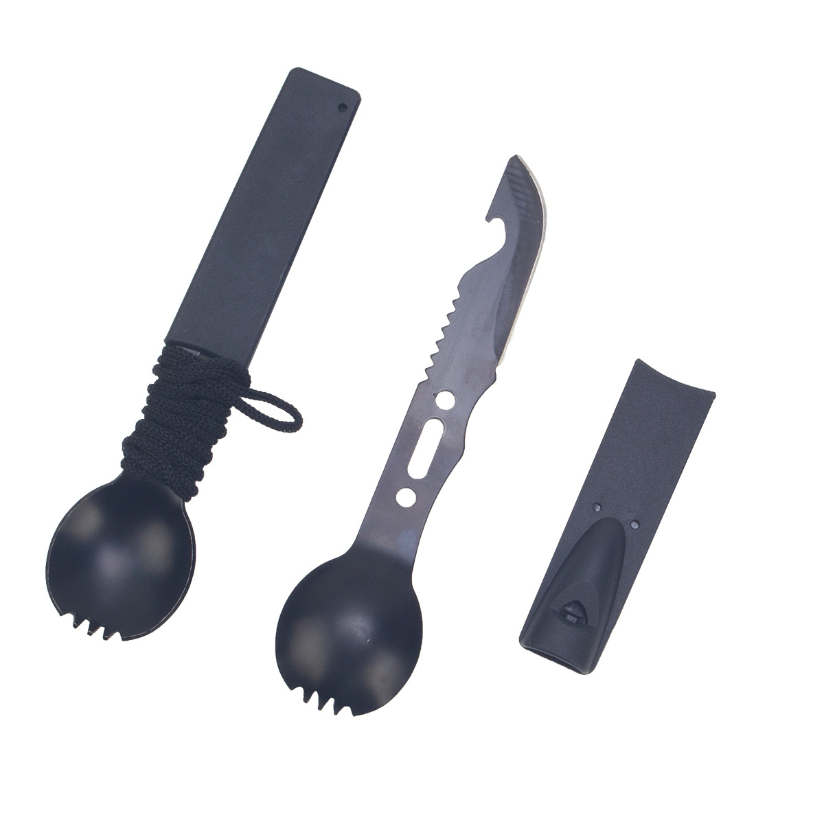 cuchillo multifuncional de acero inoxidable para exteriores de 7 en 1 con tenedor, cuchara, silbato y cuchillo recto pequeño para campamento