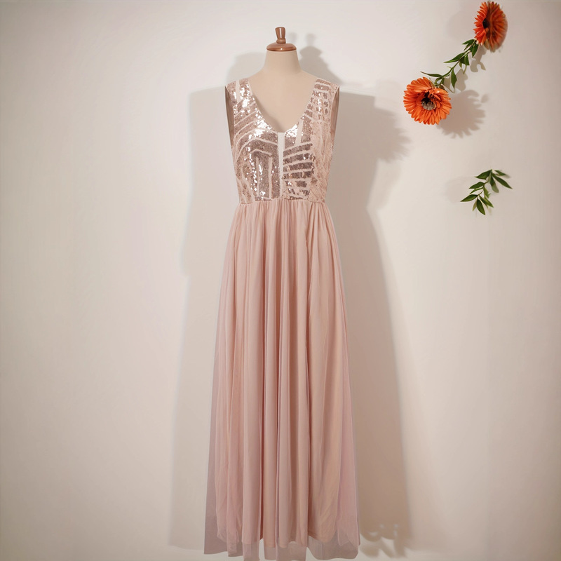 Ladies Contrast Color Sequin Mesh Slip Dress Semi Formal Prom Dress