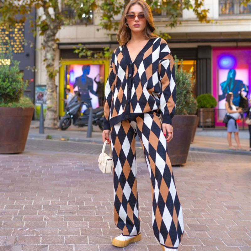 Geometric Abstract Rhombus Knitted Cardigan Women Autumn Winter Single Breasted Loose Casual Sweater Two Piece Pants
