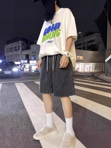 Men's Summer Korean Style Hip-Hop Denim Shorts, Loose Straight Leg Wide Pants