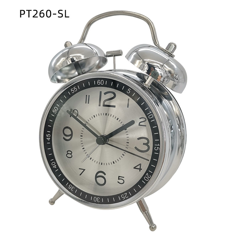 4 pulgadas de pantalla de seda de vidrio escala galvanoplastia metal doble campana alarma reloj mudo superficie metálica con luz