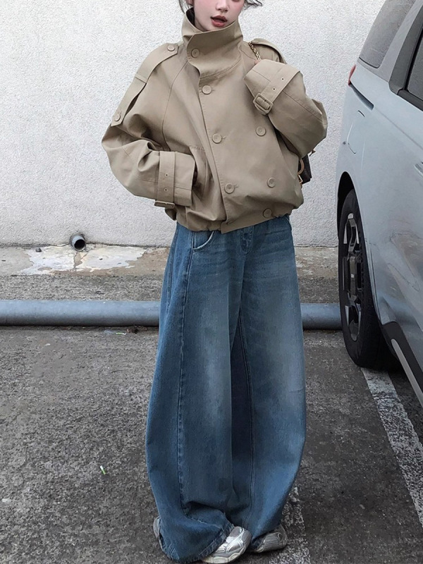 Ac*e25早秋新款双排扣美拉德色系立领短款风衣英伦风夹克女外套|undefined