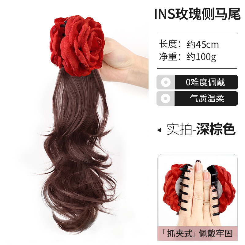 ウィッグポニーテールレッドローズフラワーヘアピン女性のサイドクリップ少しカーリーウィッグポニーテール人工毛グリッパーポニーテール|undefined