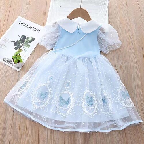 Girls Elsa Princess Dress  Summer Dress Children's Frozen Style Mesh Dress Baby Short Sleeve Dress