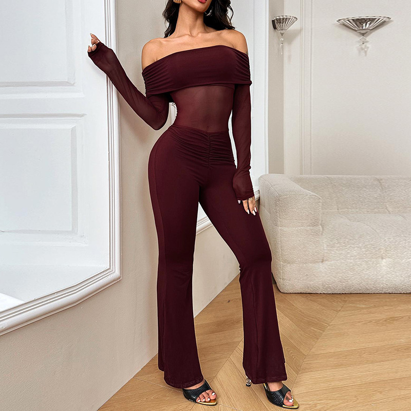 XY24562 autumn 2024 new European and American style street trend mesh stitching shoulder long sleeve jumpsuit women