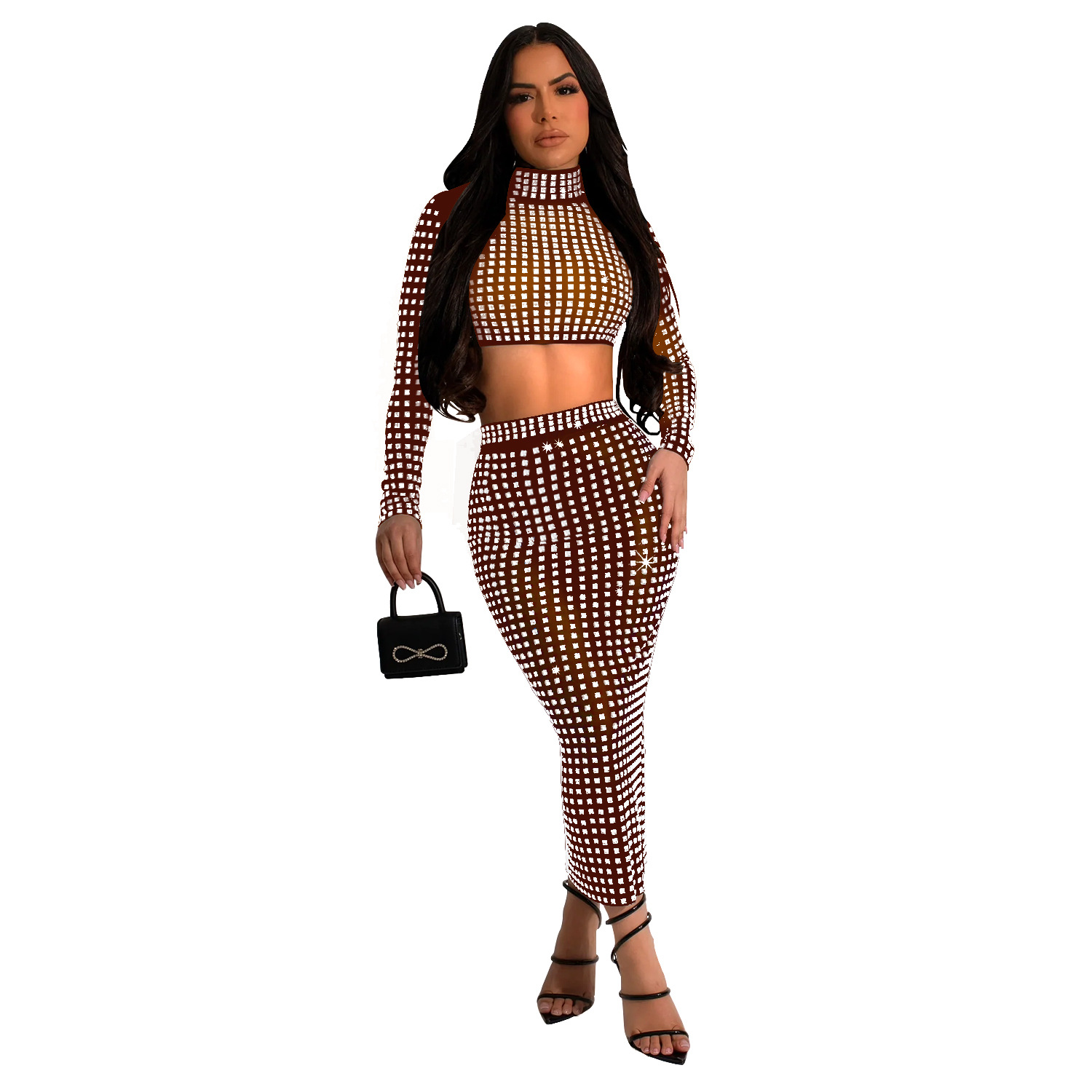 C6946 Cross-border AliExpress Amazon Independent Station Falda de dos piezas de malla de diamantes calientes de color sólido para mujer de moda europea y americana