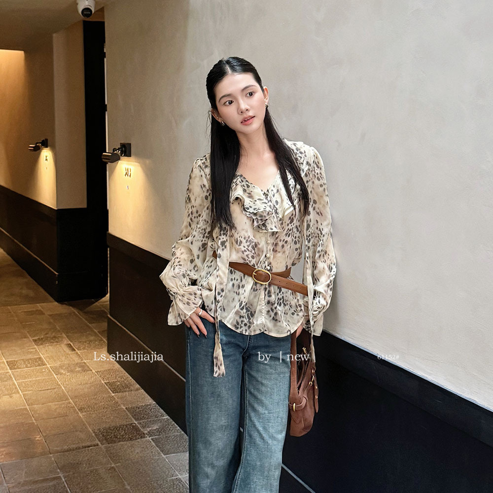 Ls Shuzhi Spring/Summer New Design Ribbon Leopard Print Shirt Elegant Versatile Women's Top 61152 #