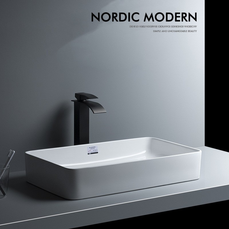 Nordic-style Square Washbasin for Countertop Use, Household Vanity Sink—Available in Wide and Narrow Versions, 60 cm Long; Creative Ceramic Basin Ideal for Small Balconies