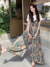 复古波西米亚风拼接印花背带阔腿裤女夏季新款休闲百搭流行连体裤