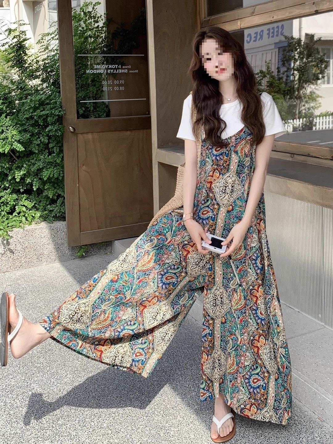 复古波西米亚风拼接印花背带阔腿裤女夏季新款休闲百搭流行连体裤