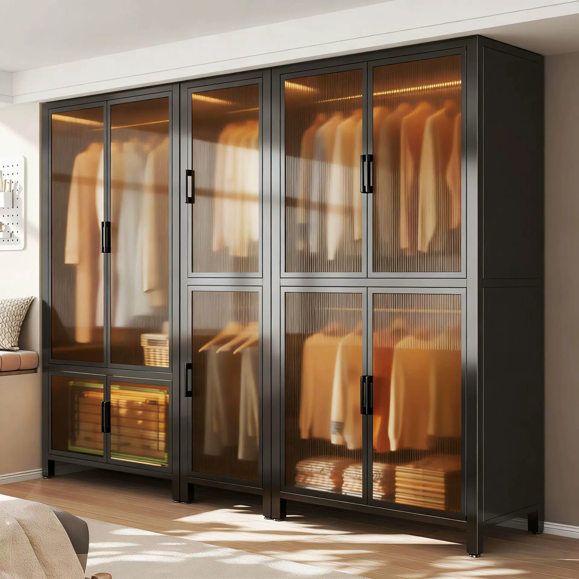 钢制衣柜卧室家用出租房防尘阳光板儿童瓜衣帽间架宝宝衣橱收纳柜