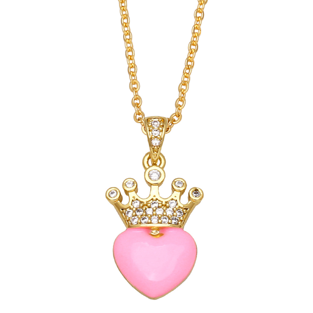 Fashion Heart Shape Crown Copper Pendant Necklace Inlay Zircon Copper Necklaces