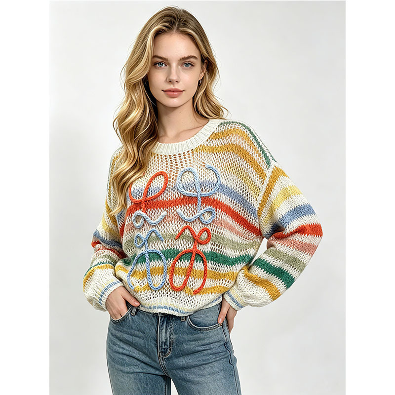 Cross-border wholesale from the source factory: spring and autumn striped mesh knit top, round neck, lettered, hand-crocheted sweater for women