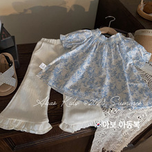 女童夏装套装2024新款洋气韩版女宝宝夏季碎花上衣喇叭裤两件套