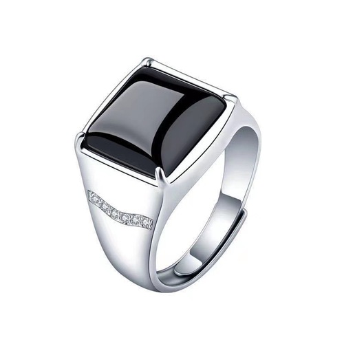 New Black Agate Ring for Men - Bold and Fashionable Fake Gemstone Silver Ring with Adjustable Fit, Long-lasting, Simple Men's Ring
