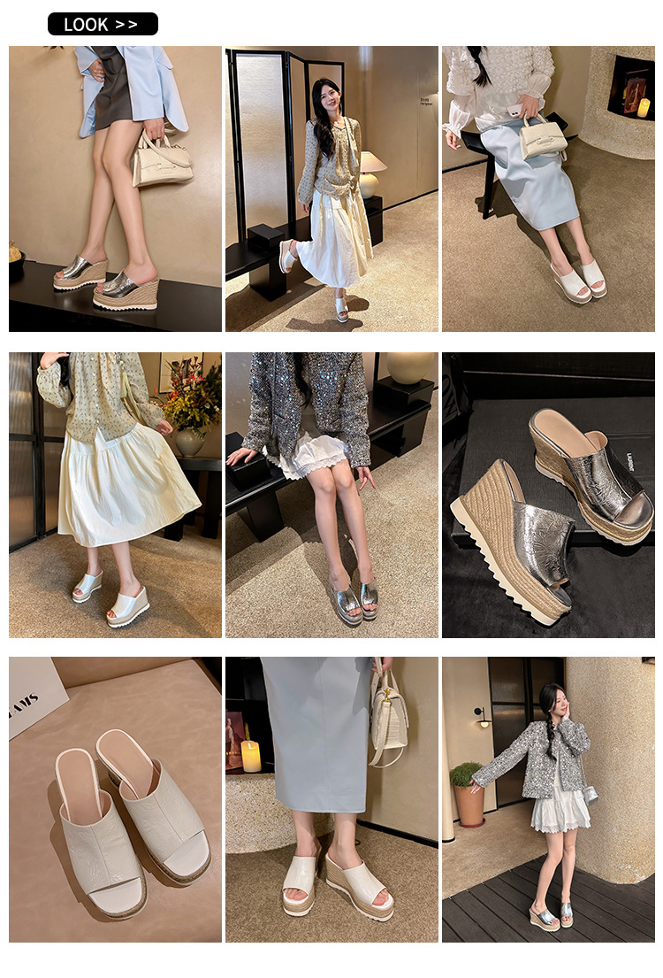 Sandal cao gót nữ mũi hở đế xuồng đan rơm phong cách La Mã — màu be, bạc chi tiết 5