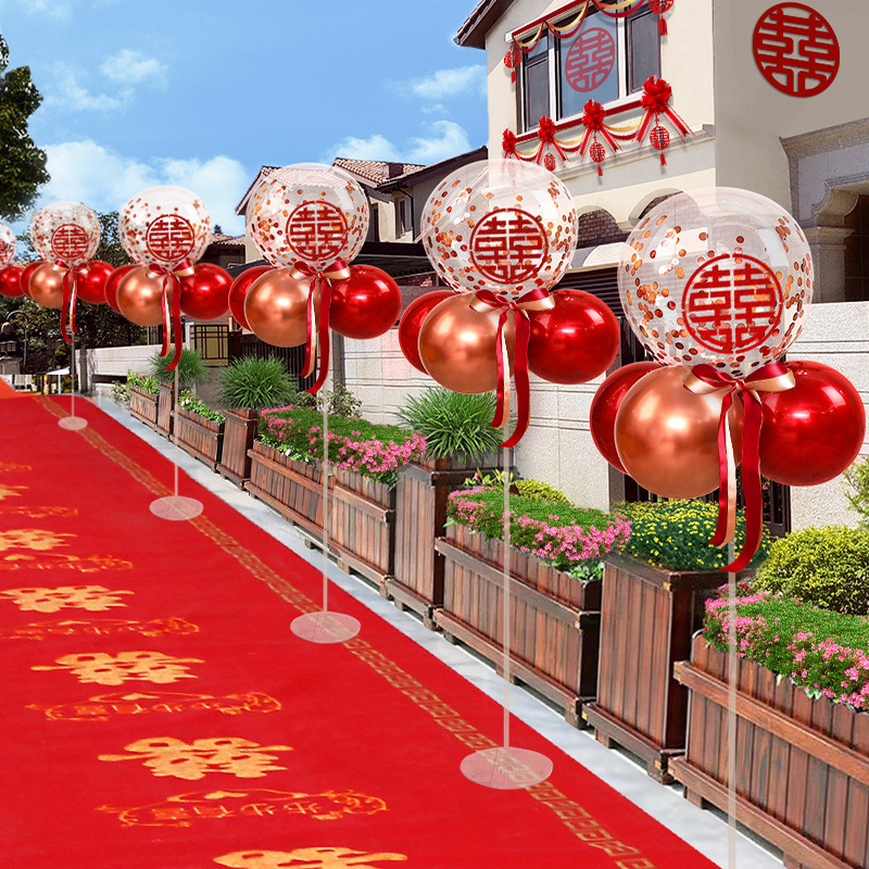 婚禮婚房引路氣球農村路邊裝飾路引紅色立柱支架結婚室外迎賓布置