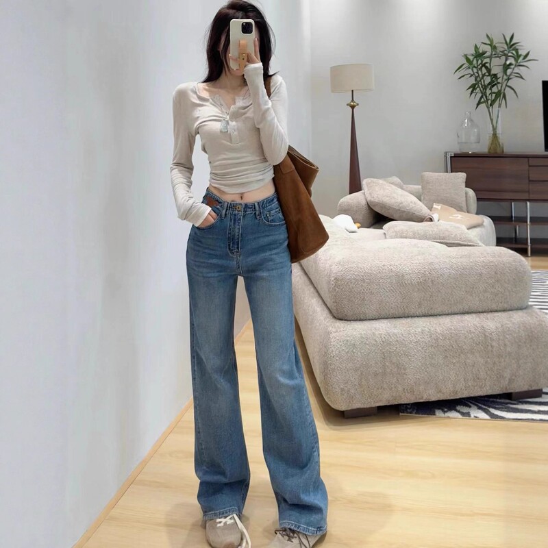 网红凯旋门皮标蓝色牛仔裤女春秋休闲百搭显瘦直筒牛仔裤阔腿裤子|undefined