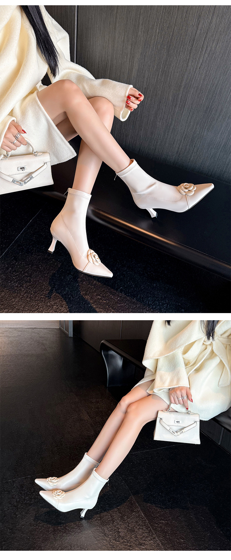 Boot nữ cổ thấp mũi nhọn phối màu thanh lịch, gót mỏng 6 cm, khóa kéo sau — màu đen, Màu trắng nhạt chi tiết 5