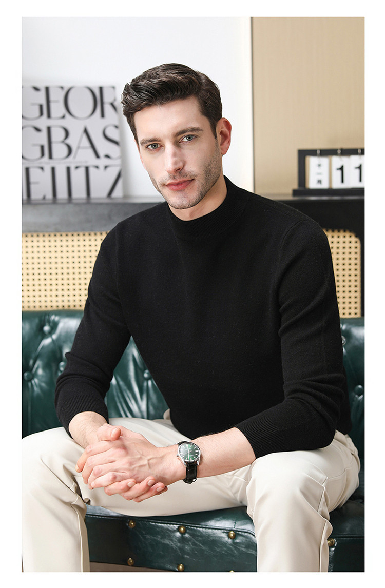 Otoño y invierno nuevo suéter de manga larga camiseta de punto de hombre casualidad de color sólido cuello medio alto grueso camiseta de punto de color sólido